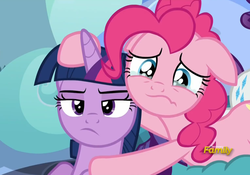 Size: 1531x1071 | Tagged: safe, screencap, pinkie pie, twilight sparkle, alicorn, pony, g4, tanks for the memories, crying, female, mare, sad, twilight sparkle (alicorn), twilight sparkle is not amused, unamused