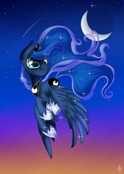 Size: 1462x2048 | Tagged: safe, artist:diax, princess luna, g4, female, flying, moon, solo