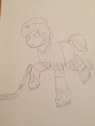 Size: 2448x3264 | Tagged: safe, artist:raritysstallion, oc, oc only, oc:sfan, high res, hockey, ice hockey, monochrome, nhl, san jose sharks, solo, sports, traditional art