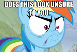 Size: 497x333 | Tagged: safe, edit, edited screencap, screencap, rainbow dash, g4, tanks for the memories, angry, caption, do i look angry, do i look happy, does this look unsure to you?, female, just one bite, meme, solo, spongebob squarepants