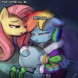 Size: 750x750 | Tagged: safe, artist:lumineko, fluttershy, rainbow dash, tank, pegasus, pony, g4, tanks for the memories, bathrobe, brutal honesty, clothes, crying, dashie slippers, dialogue, eyes closed, female, mare, open mouth, tank slippers