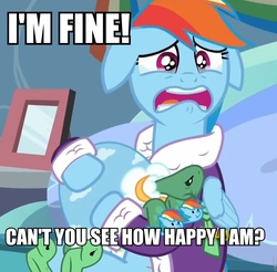 Size: 960x946 | Tagged: safe, screencap, rainbow dash, tank, pegasus, pony, reptile, tortoise, g4, tanks for the memories, bathrobe, clothes, crying, dashie slippers, denial, depression dash, image macro, meme, robe, sad, tank slippers