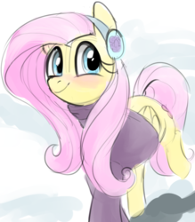 Size: 661x755 | Tagged: safe, artist:dotkwa, fluttershy, pegasus, pony, g4, tanks for the memories, bottomless, clothes, cute, earmuffs, female, fluttershy's purple sweater, looking at you, mare, shyabetes, smiling, snow, sweatershy