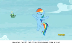 Size: 939x561 | Tagged: safe, screencap, rainbow dash, tank, pegasus, pony, tortoise, g4, tanks for the memories, discovery family, eyes closed, female, flying, male, mare, meta, smiling, timeline