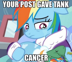 Size: 574x494 | Tagged: safe, edit, edited screencap, screencap, rainbow dash, tank, g4, tanks for the memories, clothes, crying, dashie slippers, image macro, meme, reaction image, that post gave me cancer