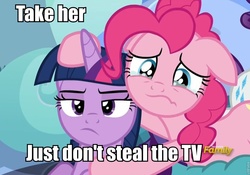 Size: 960x672 | Tagged: safe, screencap, pinkie pie, twilight sparkle, alicorn, earth pony, pony, g4, tanks for the memories, dragon ball, dragonball z abridged, female, guru (dragonball z), image macro, mare, meme, super kami guru, twilight sparkle (alicorn)