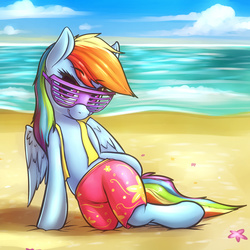 Size: 1280x1280 | Tagged: safe, artist:shydale, rainbow dash, pegasus, pony, semi-anthro, g4, tanks for the memories, beach, clothes, female, looking at you, mare, shutter shades, smiling, solo, sunglasses, swimming trunks, swimsuit, winter swimsuit