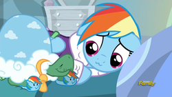 Size: 800x450 | Tagged: safe, edit, edited screencap, screencap, rainbow dash, tank, g4, tanks for the memories, :3, clothes, cute, dashabetes, dashie slippers, eyes closed, floppy ears, inverted mouth, on side, rainbow dash's house, smiling