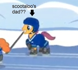 Size: 775x691 | Tagged: safe, screencap, forecheck, pumpkin puck, scootaloo, g4, tanks for the memories, caption, harsher in hindsight, helmet, hockey, hockey stick, ice hockey, ice skates, image macro, male, mouth hold, needs more jpeg, scootadad, scootaloo's parents, solo focus, stallion, text