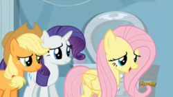 Size: 939x528 | Tagged: safe, screencap, applejack, fluttershy, rarity, g4, tanks for the memories