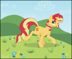 Size: 10338x8439 | Tagged: dead source, safe, artist:owlisun, sunset shimmer, pony, unicorn, g4, absurd resolution, cutie mark, female, flower, happy, mare, meadow, sky, smiling, solo, vector