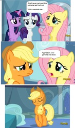 Size: 805x1380 | Tagged: safe, edit, screencap, applejack, fluttershy, rarity, twilight sparkle, alicorn, earth pony, pegasus, pony, unicorn, g4, tanks for the memories, applejack cries on the inside, applejack's parents, crying inside, implied bright mac, implied pear butter, my parents are dead, sad, twilight sparkle (alicorn), unhapplejack