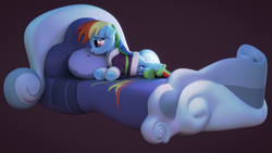 Size: 1920x1080 | Tagged: dead source, safe, artist:creatorofpony, rainbow dash, pegasus, pony, g4, tanks for the memories, 3d, 3d model, bathrobe, bed, blender, clothes, crying, female, lying down, mare, pillow, rainbow dash always dresses in style, robe, simple background, slippers, solo, tank slippers, that was fast, wallpaper