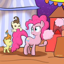 Size: 1000x1000 | Tagged: safe, artist:empyu, pinkie pie, pound cake, pumpkin cake, earth pony, pegasus, pony, unicorn, g4, 30 minute art challenge, baby, baby pony, cake twins, carnival, colt, cotton candy, cotton candy tail, female, filly, foal, food, male, mare, tail bite, trio