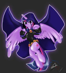 Size: 1600x1765 | Tagged: safe, artist:freepaints, twilight sparkle, alicorn, pony, g4, dc comics, female, latex, mare, raven (dc comics), simple background, solo, spread wings, teen titans, twilight sparkle (alicorn), twiraven, underhoof, voice actor joke