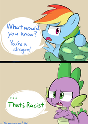 Size: 690x964 | Tagged: safe, artist:lance, rainbow dash, spike, tank, dragon, pegasus, pony, tortoise, tanks for the memories, ..., 2 panel comic, comic, d:, dialogue, exclamation point, fangs, female, frown, glare, male, mare, open mouth, pony racism, profile, racism, simple background, speech bubble, tan background, that's racist, wide eyes
