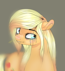 Size: 1024x1126 | Tagged: safe, artist:sofilut, applejack, g4, crying inside, female, floppy ears, hatless, missing accessory, running makeup, simple background, solo