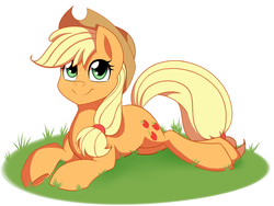 Size: 1600x1200 | Tagged: safe, artist:daydreamsyndrom, applejack, g4, female, freckles, grass, hat, prone, smiling, solo