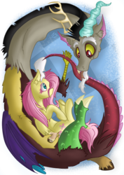 Size: 842x1191 | Tagged: safe, artist:darkestsunset, discord, fluttershy, g4, cuddling, female, male, ship:discoshy, shipping, simple background, snuggling, straight, tongue out, transparent background