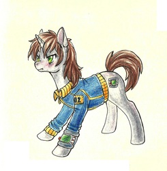 Size: 2504x2550 | Tagged: safe, artist:mrrrn, oc, oc only, oc:littlepip, pony, unicorn, fallout equestria, clothes, fanfic, fanfic art, female, high res, jumpsuit, mare, pipbuck, simple background, solo, traditional art, vault suit