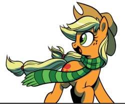 Size: 1350x1125 | Tagged: safe, artist:immortal-gamer, applejack, g4, spoiler:comic, clothes, female, looking back, open mouth, scarf, simple background, smiling, solo, transparent background, vector