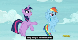 Size: 1600x830 | Tagged: safe, screencap, rainbow dash, twilight sparkle, alicorn, pony, g4, tanks for the memories, female, i love when you comb my hair, mare, meme, twilight sparkle (alicorn), youtube caption