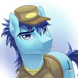 Size: 720x720 | Tagged: safe, artist:tarenest, deep clean, earth pony, pony, bloom & gloom, g4, clothes, cute, hat, janitor, looking at you, male, shirt, stallion, undershirt, uniform