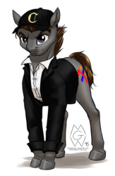 Size: 1239x1899 | Tagged: safe, artist:mykegreywolf, oc, oc only, oc:criscross, earth pony, pony, clothes, coat, male, solo, stallion, white shirt