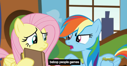 Size: 1600x830 | Tagged: safe, screencap, fluttershy, rainbow dash, g4, tanks for the memories, book, meme, youtube caption