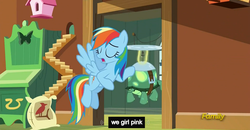 Size: 1600x830 | Tagged: safe, screencap, rainbow dash, tank, g4, tanks for the memories, meme, youtube caption