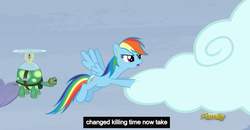 Size: 1600x830 | Tagged: safe, screencap, rainbow dash, tank, g4, my little pony: friendship is magic, tanks for the memories, meme, youtube caption