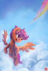 Size: 2408x3536 | Tagged: dead source, safe, artist:lukeine, scootaloo, pegasus, pony, g4, cloud, eye reflection, female, filly, flying, foal, high res, implied rainbow dash, open mouth, rainbow trail, reflection, scootaloo can fly, sky, solo, spread wings, teeth, wings