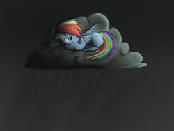 Size: 4000x3000 | Tagged: safe, artist:loukaw, rainbow dash, pegasus, pony, g4, cloud, dark clouds, female, rain, raincloud, sad, solo