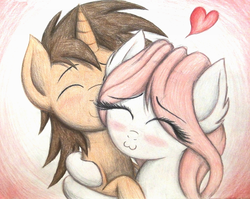 Size: 1024x815 | Tagged: dead source, safe, artist:thefriendlyelephant, oc, oc only, oc:angelic grace (a.k.a bliss), oc:digital sketch, oc:whooves, pegasus, pony, unicorn, :3, cute, heart, hug, shipping, traditional art