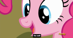 Size: 1600x830 | Tagged: safe, screencap, pinkie pie, g4, tanks for the memories, meme, witch, youtube caption