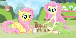 Size: 2218x1134 | Tagged: safe, artist:majkashinoda626, fluttershy, chipmunk, human, mouse, squirrel, equestria girls, g4, animal, cute, human ponidox, shyabetes, square crossover