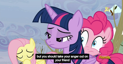 Size: 1600x830 | Tagged: safe, screencap, fluttershy, pinkie pie, twilight sparkle, alicorn, pony, g4, tanks for the memories, bad advice, female, mare, meme, twilight sparkle (alicorn), youtube caption