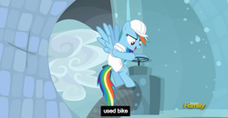 Size: 1600x830 | Tagged: safe, screencap, rainbow dash, g4, tanks for the memories, meme, valve, weather factory, youtube caption