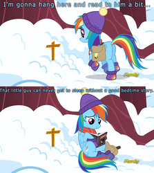 Size: 800x897 | Tagged: safe, edit, screencap, rainbow dash, pegasus, pony, g4, tanks for the memories, book, boots, cap, clothes, cross, female, grave, hat, implied death, reading, sad, saddle bag, scarf, snow, solo, tearjerker, winter, winter outfit