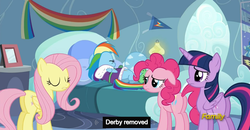 Size: 1600x830 | Tagged: safe, screencap, fluttershy, pinkie pie, rainbow dash, twilight sparkle, alicorn, pony, g4, tanks for the memories, female, mare, meme, twilight sparkle (alicorn), youtube caption