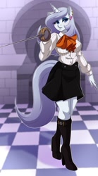 Size: 666x1199 | Tagged: safe, artist:g-blue16, oc, oc only, oc:platinum decree, unicorn, anthro, anthro oc, bedroom eyes, boots, clothes, cosplay, ear piercing, earring, fencing, high heel boots, high heels, looking at you, makeup, mitsuru kirijo, persona 3, piercing, rapier, skirt, solo, tail, weapon