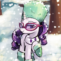 Size: 750x750 | Tagged: safe, artist:lumineko, rarity, pony, unicorn, g4, tanks for the memories, booties, clothes, collar, female, giant hat, glasses, hat, looking at you, mare, raised hoof, russian hat, russian rarity, snow, snowfall, solo, sunglasses, ushanka, winter outfit