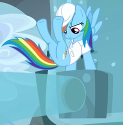 Size: 744x757 | Tagged: safe, screencap, rainbow dash, pegasus, pony, g4, tanks for the memories, animation error, clothes, cropped, female, flying, frontbend, looking down, mare, mistake, solo, weather factory, weather factory uniform