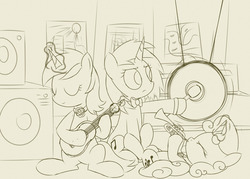 Size: 1280x914 | Tagged: safe, artist:dtcx97, dj pon-3, lyra heartstrings, sweetie belle, vinyl scratch, g4, grayscale, monochrome