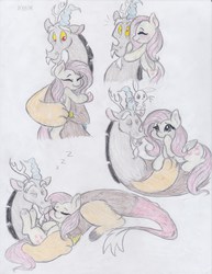 Size: 2550x3300 | Tagged: safe, artist:lacedra, angel bunny, discord, fluttershy, g4, female, high res, male, ship:discoshy, shipping, straight, traditional art