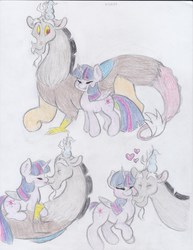 Size: 2550x3300 | Tagged: safe, artist:lacedra, discord, twilight sparkle, alicorn, pony, g4, female, high res, male, mare, ship:discolight, shipping, straight, traditional art, twilight sparkle (alicorn)