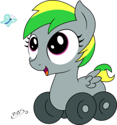 Size: 864x925 | Tagged: safe, artist:midnightblitzz, oc, oc only, oc:wheely bopper, butterfly, original species, wheelpone, colored, cute, eyes on the prize, female, filly, happy, ocbetes, open mouth, simple background, smiling, solo, transparent background, vector, weapons-grade cute