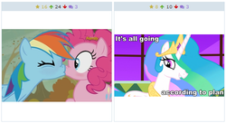 Size: 514x279 | Tagged: safe, pinkie pie, princess celestia, rainbow dash, derpibooru, g4, my little pony: friendship is magic, tanks for the memories, exploitable meme, female, juxtaposition, juxtaposition win, kissing, lesbian, meme, meta, ship:pinkiedash, shipper on deck, shipping