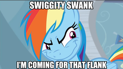 Size: 1920x1080 | Tagged: safe, edit, edited screencap, screencap, rainbow dash, g4, tanks for the memories, image macro, meme, rainbow grinch, swiggity swank, swiggity swooty