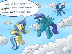 Size: 1600x1200 | Tagged: safe, artist:filpapersoul, fluffy clouds, open skies, sunshower, pegasus, pony, g4, tanks for the memories, :t, cloud, cloudy, comedy routine in the comments, derp, dialogue, female, flapping, flying, frown, male, mare, open mouth, parody, potato, scene parody, spread wings, stallion, trio, who's on first?